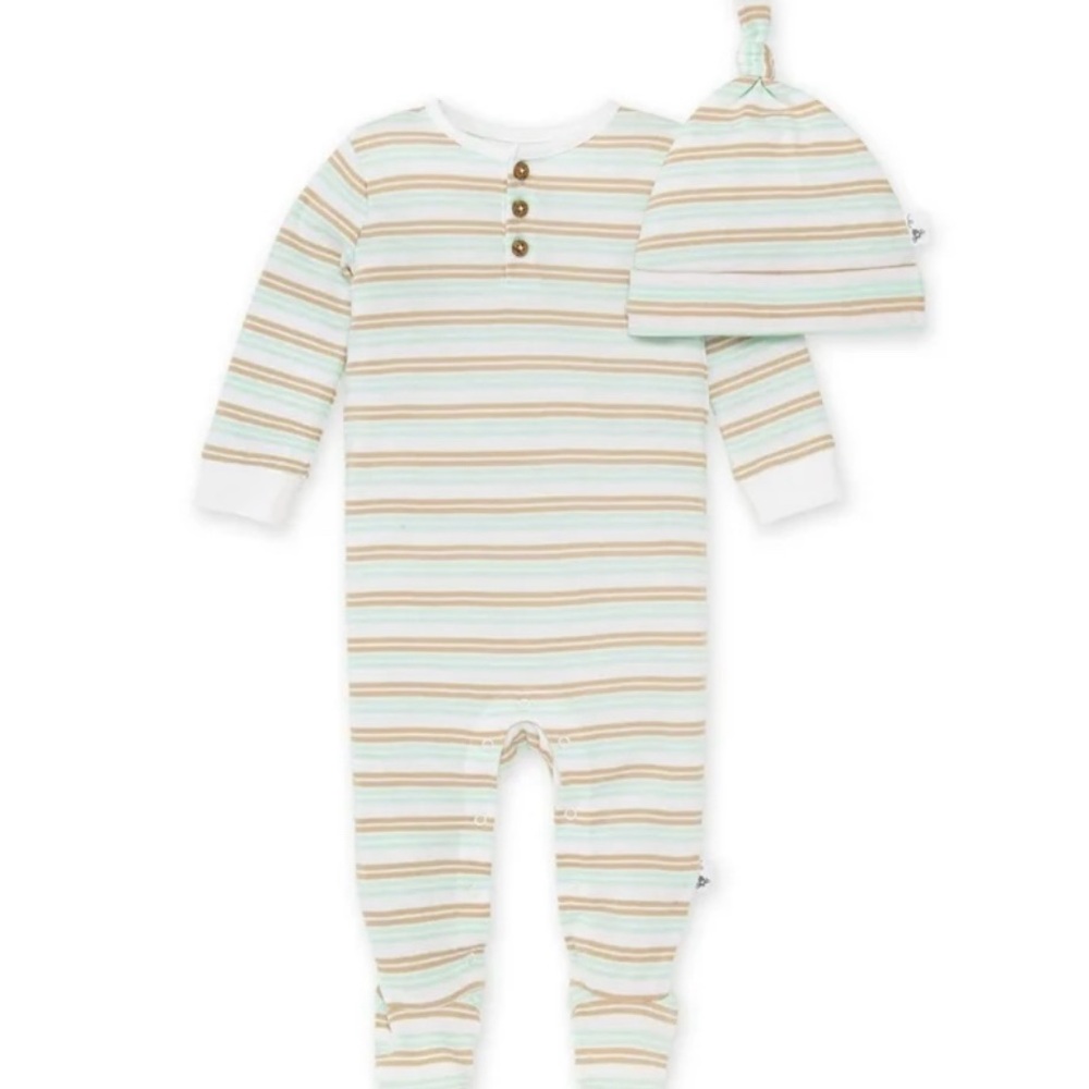 Striped Baby Jumpsuit and Knot Hat Set- Burts Bee Baby Preemie